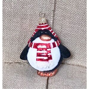 Vintage Bulbous Penguin Ornament Flocked Felt Glass Poland Christmas Whimsical